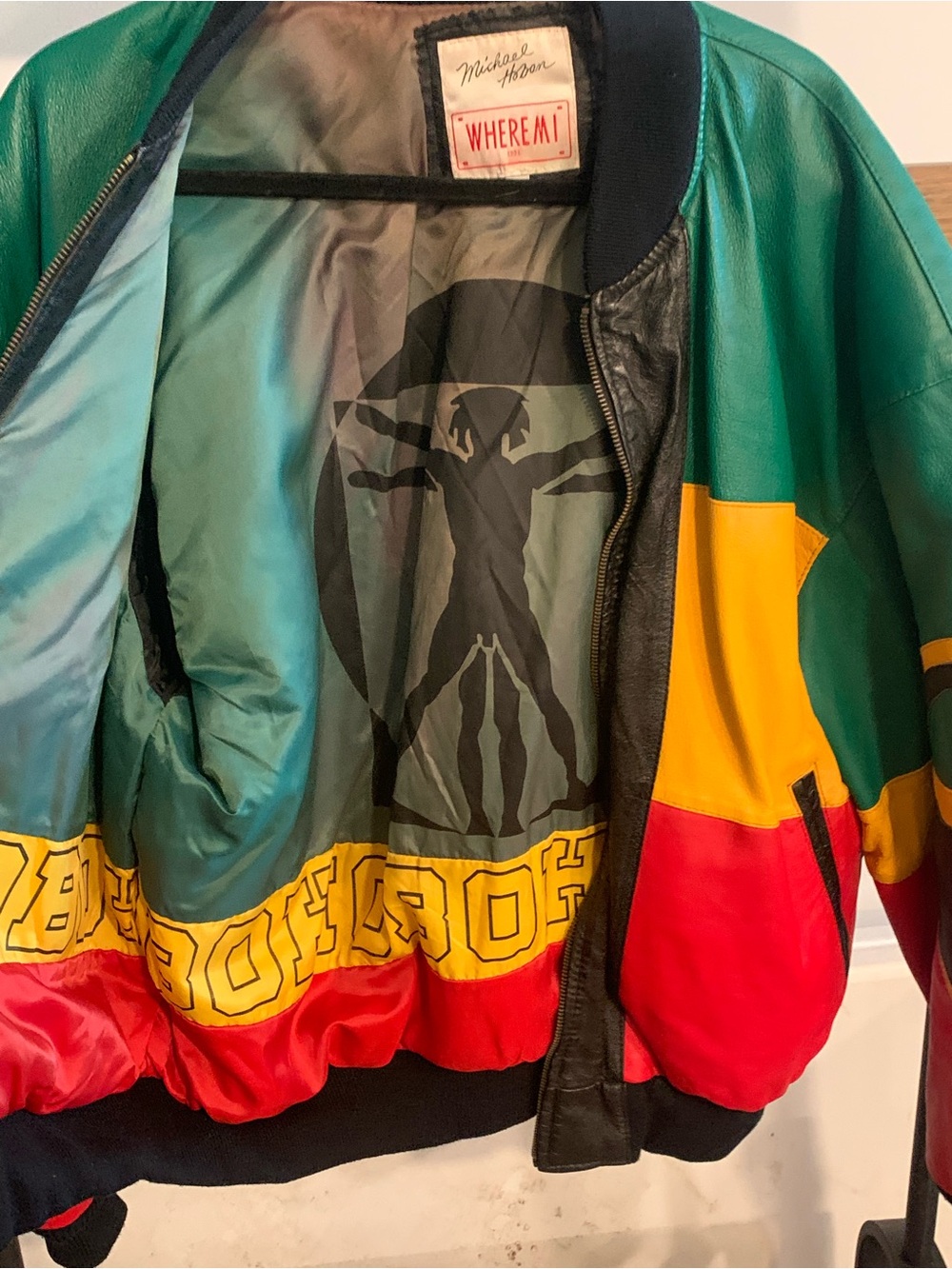 Michael Hoban Multicolor Leather Bomber Jacket - Green/Yellow/Red